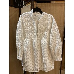 ZARA White Textured Lace Tie Neck Long Sleeve Tunic Top Women L